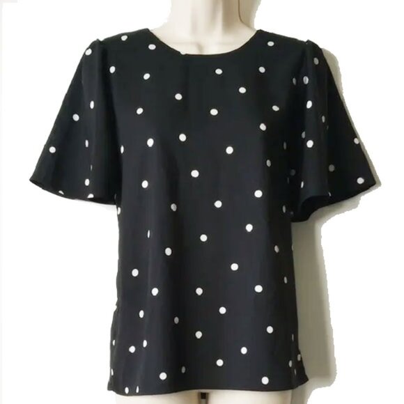 NWOT Ann Taylor Short Bell Sleeve Blouse S Black White Polka Dot - Picture 1 of 9